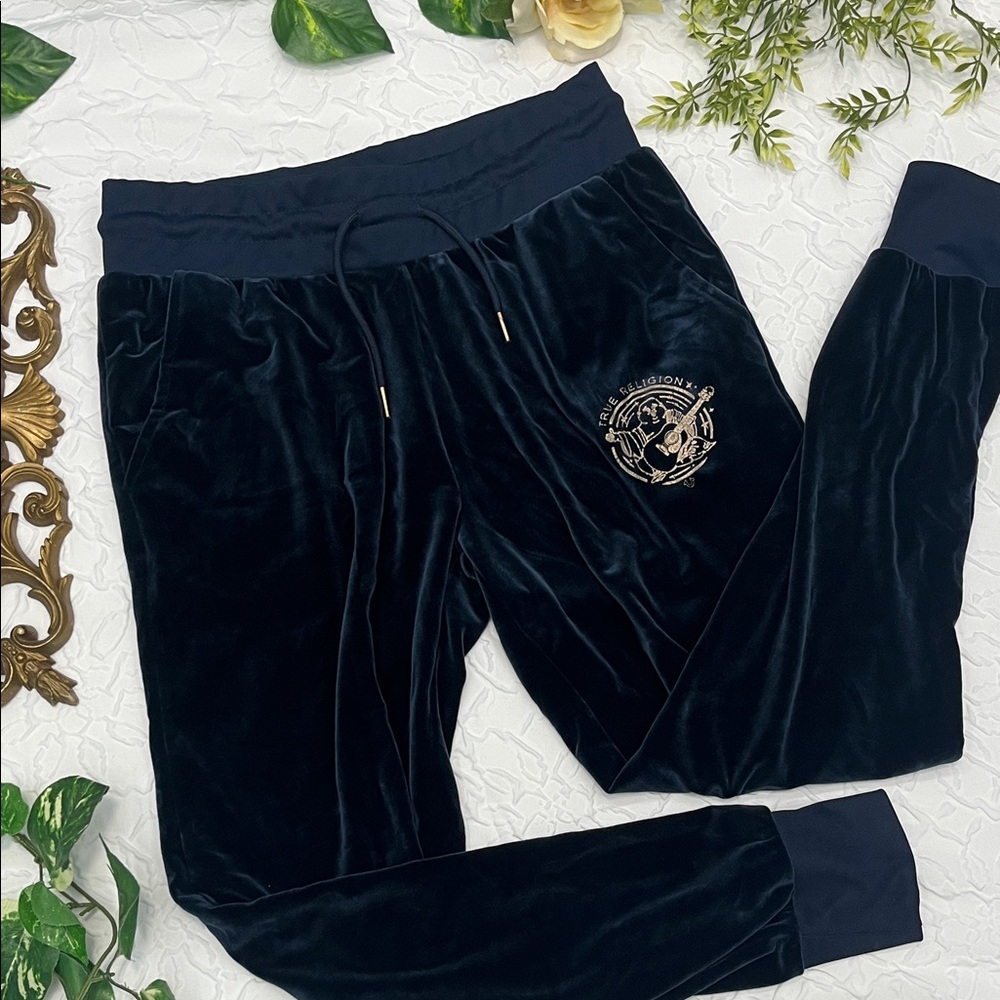 True Religion Navy Velvet Joggers with Emblem
